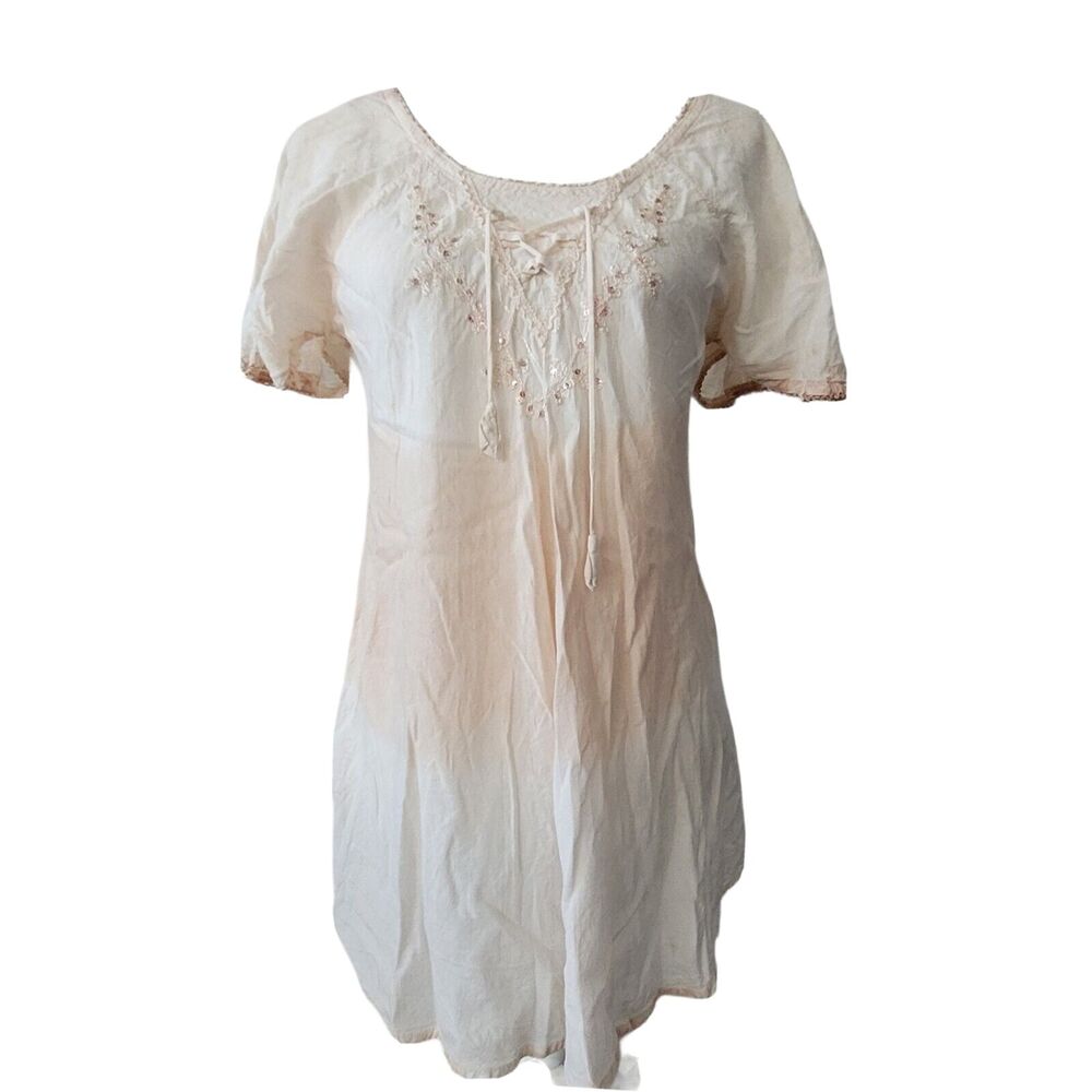 Ananta Tunic Top Womens Size Small Cream Short Sleeve Embellished